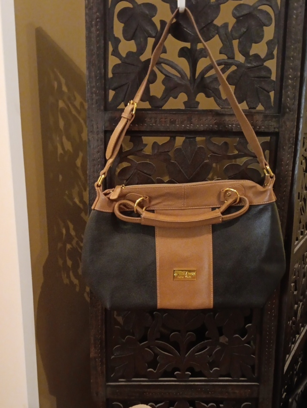 Joy Mangano Black and Brown Two-Tone LEATHER Shoulder Bag